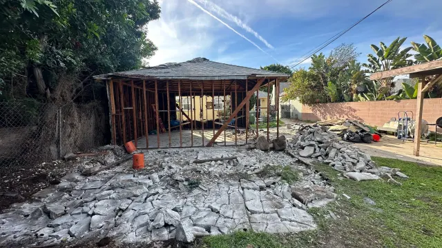 ADU and additions in Inglewood: the addition framed in wood, with the old concrete broken up in the yard
