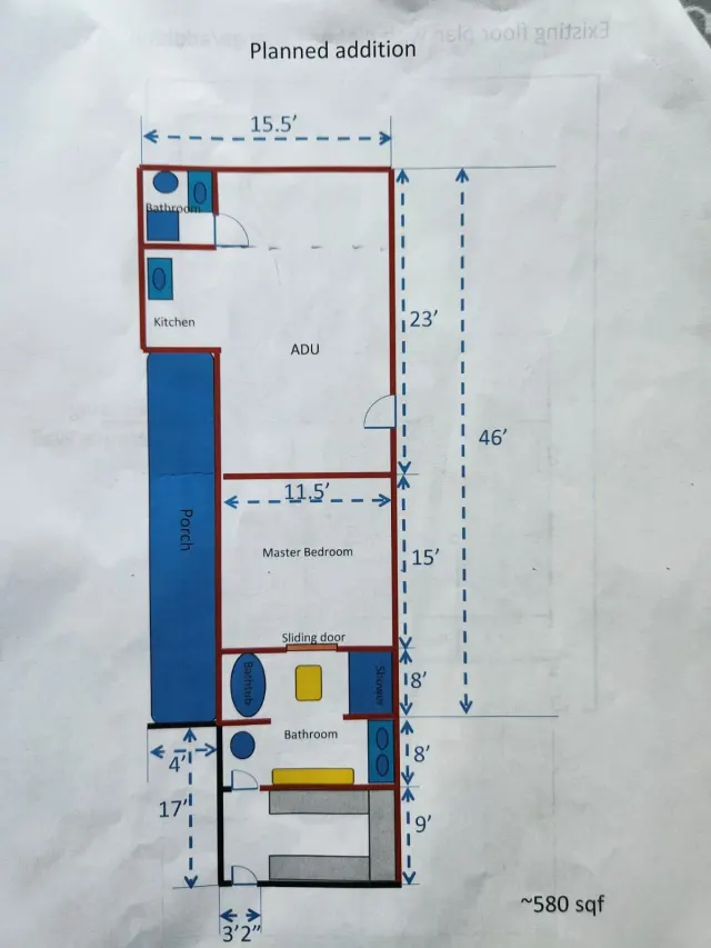 ADU and additions in Sherman Oaks: floor plan of the planned addition with the ADU, a bedroom and a bathroom