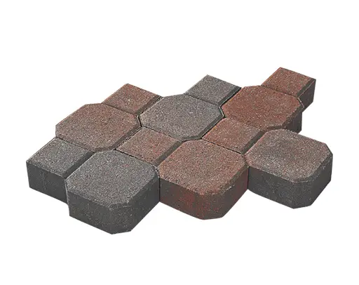 Octagon and square concrete pavers in a red and charcoal color blend