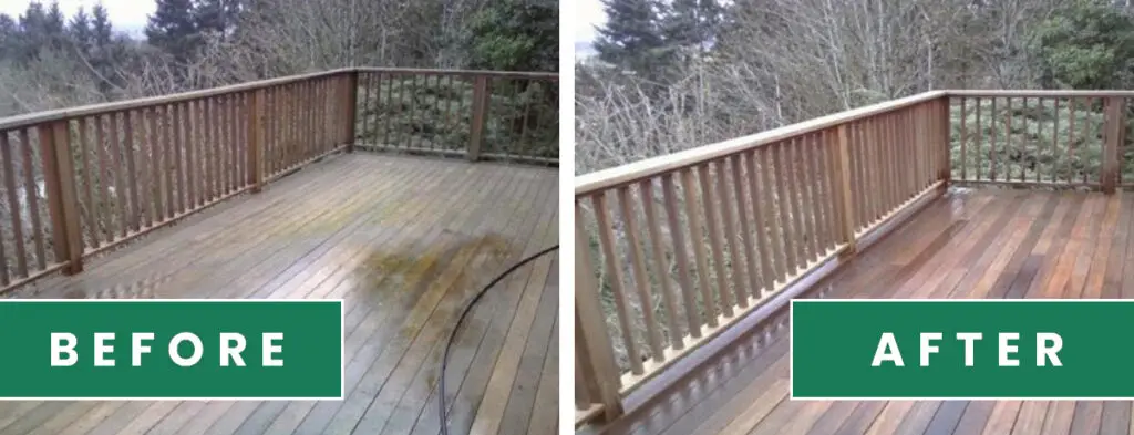 Before and after: a weathered wood deck with a railing, refinished
