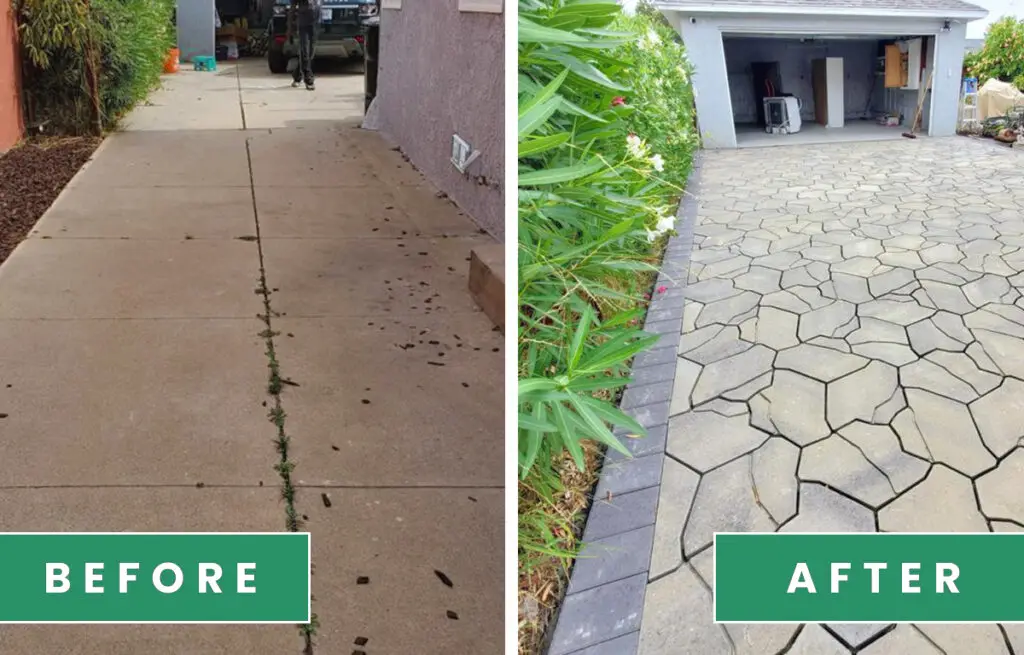 Before and after: a plain concrete side walkway with weeds in its joints, replaced with gray pavers in irregular shapes