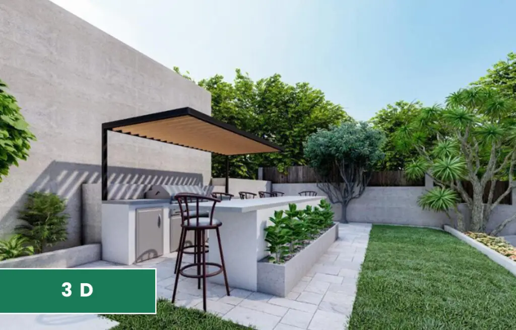 3D design of a backyard with an outdoor kitchen under a pergola, planters and a lawn
