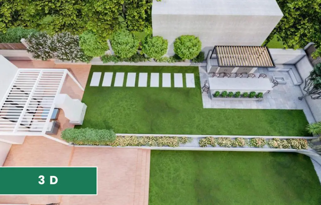 3D design seen from above: a lawn with step pavers, pergolas and an outdoor kitchen