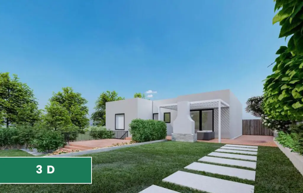 3D design of a front yard with a lawn, step pavers and hedges