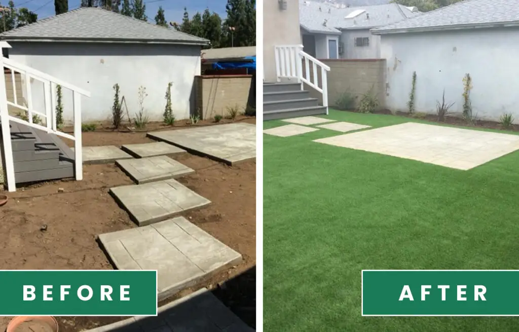 Before and after: a dirt yard with step pavers turned into green turf around square step pavers