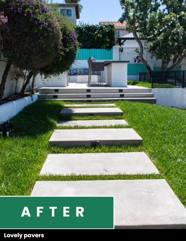 After photo: large concrete step pavers set in a lawn, leading up to a patio