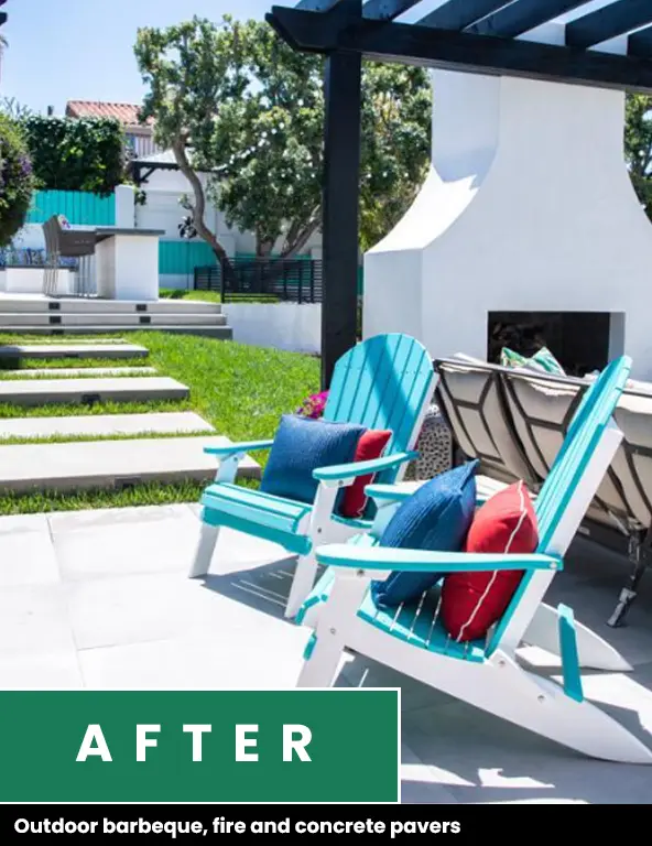 After photo: concrete paver patio with chairs beside an outdoor fireplace