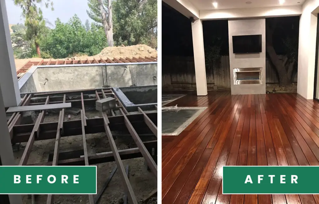 Before and after: a framed structure under construction and the finished space with a wood floor