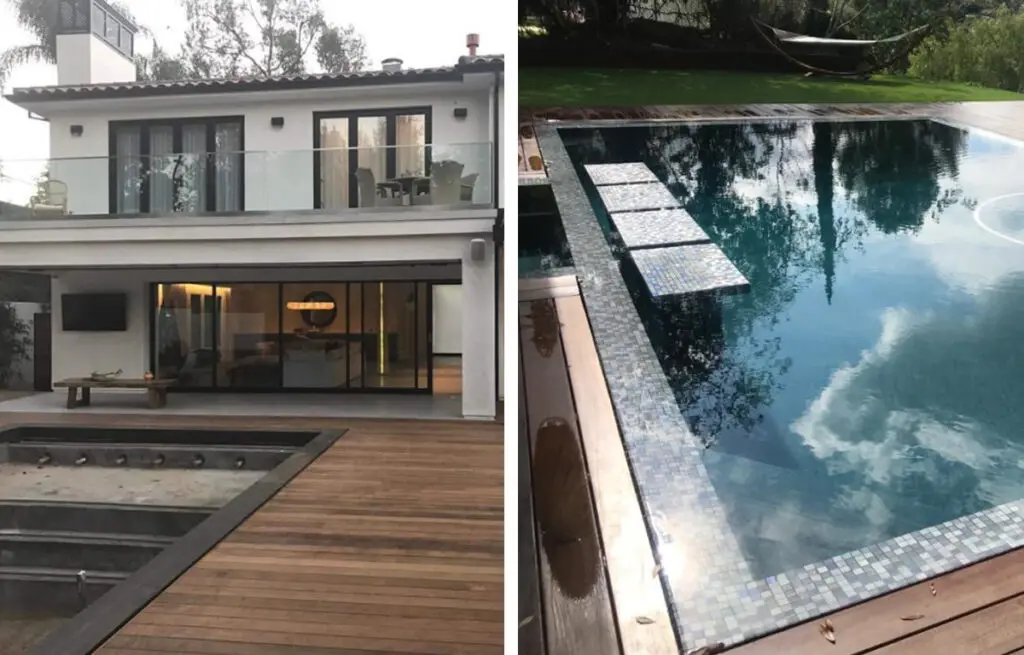 House with a rectangular pool and a wood deck, and a close-up of the pool edge